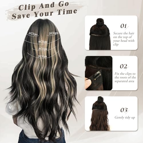 BARSDAR 20-Inch Wavy Clip-In Hair Extensions - Black & Blonde Highlights
