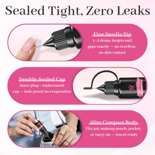 QIEK 20ml Nail Glue Remover 2 Pack with Precision Removal Tools - Gentle & Fast Dissolving