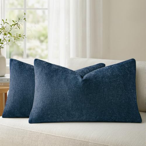 Pack of 2 Decorative Throw Pillow Covers - Twill Chenille, 12x20 Inch, Blue