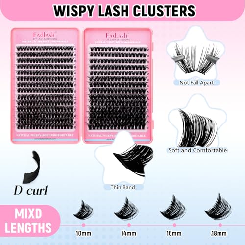 FADLASH Lash Clusters Kit 80D+100D D Curl 10-18mm DIY Lash Extension Set for Beginners
