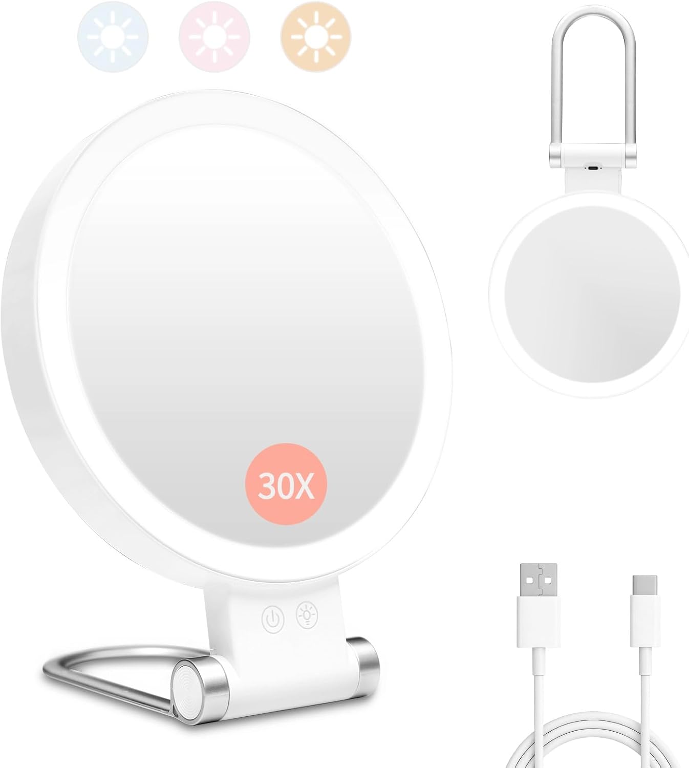 Makeup Mirror with Lights - 1X/30X Magnifying Double-Sided | Adjustable 3 Color Light, Rechargeable 2000mAh