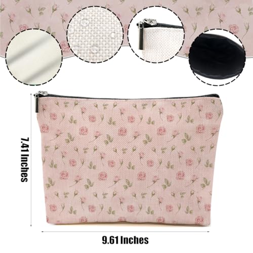 4pcs Vintage Rose Floral Makeup Bag - Linen Cosmetic Travel Pouch