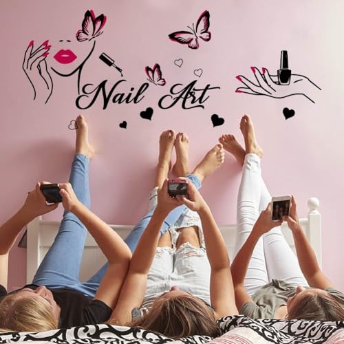 SUPERDANT Nail Art Wall Decor Stickers for Salons & Home - Butterfly & Manicure Design - DIY Peel & Stick Wall Art - Girl Woman Bedroom & Dressing Room Decor