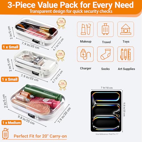 YQBRAO 3 Pack Clear Hard Shell Zipper Case,Rigid Protection Diaper Bag Organizer Pouches, TSA Approved Toiletry Bag with YKK Zippers for Cosmetics, Toys & Electronics