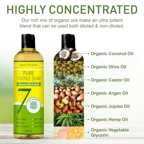 Seven Minerals Pure Castile Soap - Unscented, Vegan & Gentle for Sensitive Skin - 8 Fl Oz