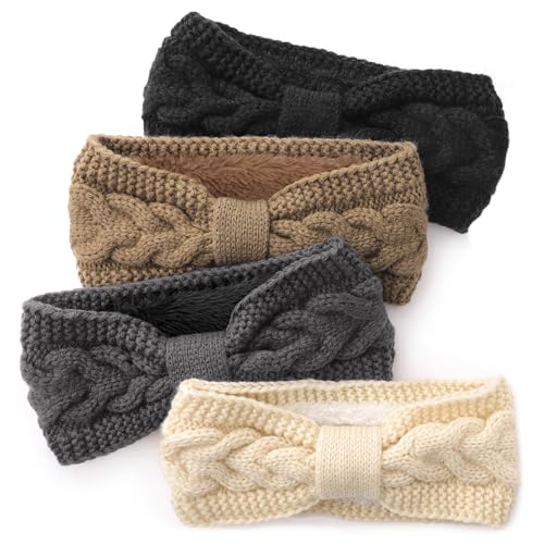 DRESHOW Winter Knit Headbands for Women - Fleece Lined Ear Warmers, Knot Style - Cream, Khaki, Dark Grey, Black