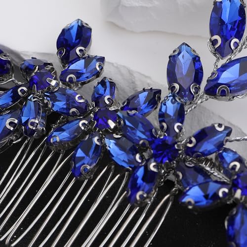 Blue Crystal Flower Bridal Hair Comb - Elegant Rhinestone Wedding Headpiece