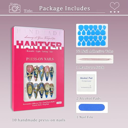 Hantyer Vintage Press On Nails Kit Size L with Blue Marble & Charms - Reusable Long Stiletto