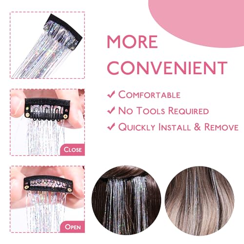 WENNALIFE Silver Hair Tinsel Clips - 6pcs 24-inch Glitter Extensions