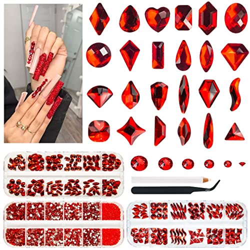 qiipii Red Nail Rhinestones 3 Boxes Multi-Shapes Flatback Gems for Nail Art & Crafts