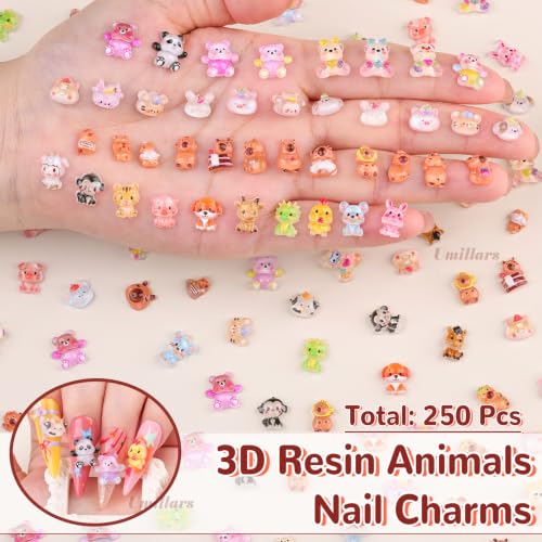 Umillars 250Pcs Mixed Animal Nail Charms - Cute Resin 3D Nail Art Supplies
