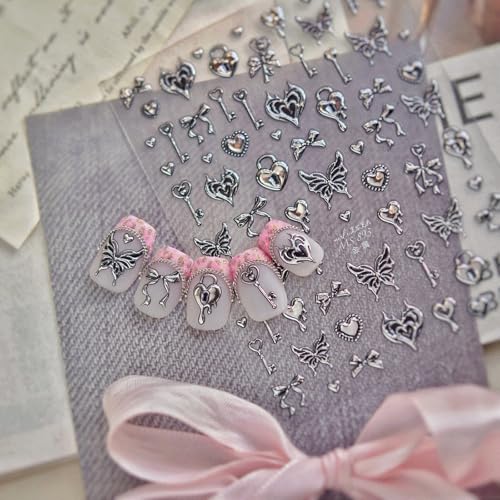 Rdntbeu 5D Embossed Nail Art Stickers Style-28 Self-Adhesive Hearts & Butterflies Goth Design