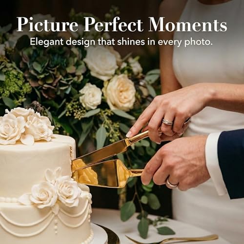 Gold Cake Cutting Set - Stainless Steel Knife & Server for Weddings