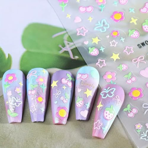 Juggssa Sweet Flower 5D Embossed Nail Stickers – Colorful Cherry, Strawberry, Heart & Star Designs for Manicure, 3 Sheets