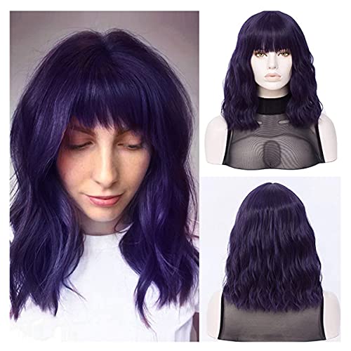 Short Wavy Purple Wig with Bangs - Heat Resistant Synthetic Hair for Costume