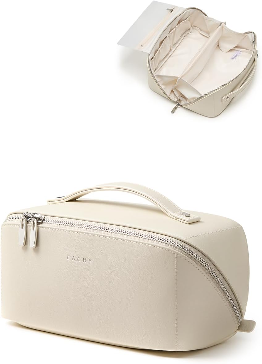 Travel Makeup Bag - Large Capacity Waterproof PU Leather Cosmetic Organizer | Flat Open Design for Skincare & Brushes