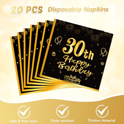 30th Birthday Party Decoration Set - Black Gold Plates, Napkins & Tablecloth