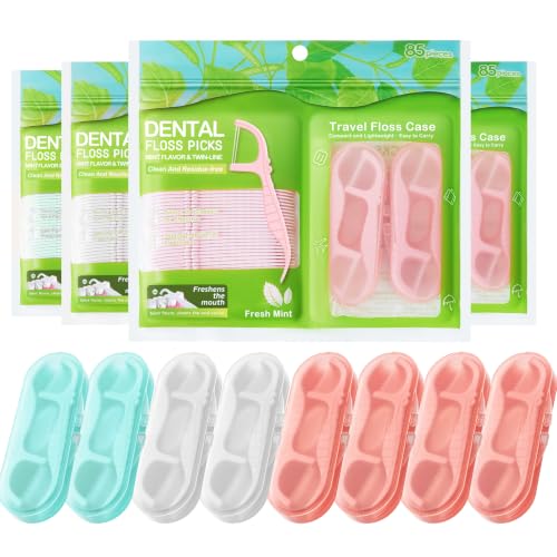 Innovihue 85 Count Dual-Line Mint Dental Floss Picks with 4 Travel Cases – 340 Count Total, Family Oral Care
