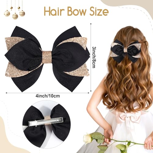 Black Glitter Hair Bow Clips for Girls Kids - 2 Pack 4 Inch Sparkly Hair Accessories