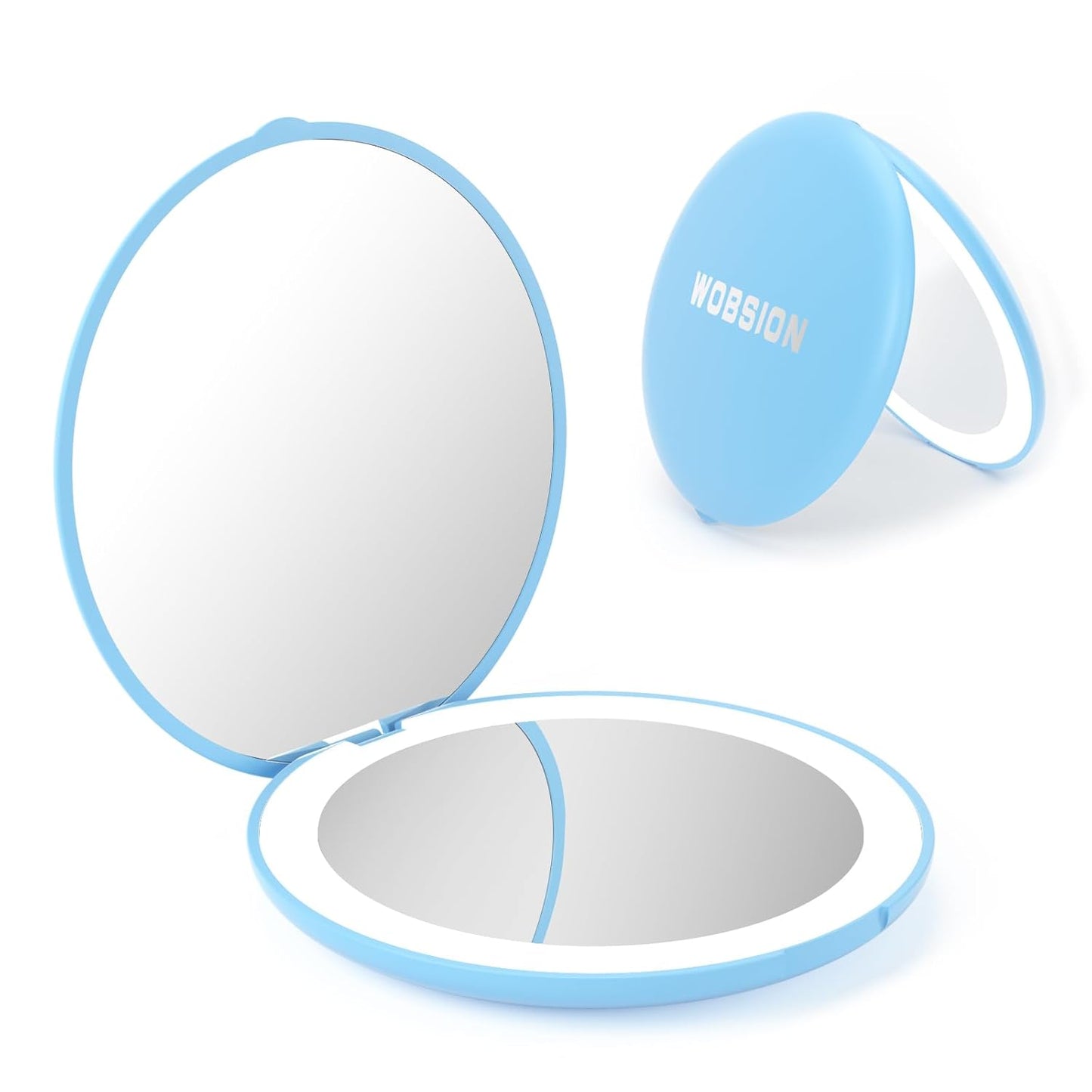 LED Travel Makeup Mirror - 1x/10x Magnification, Compact & Portable | 3.5-Inch, Folding, Handheld, Round, Cyan