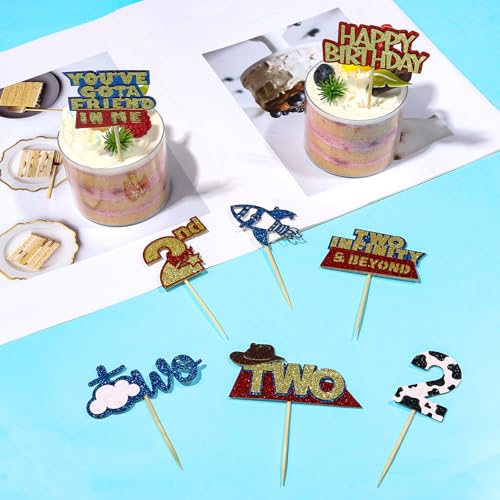 48Pcs Glitter Toy Themed Cupcake Toppers for 2nd Birthday