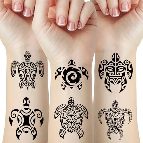 Small Black Tribal Turtle Temporary Tattoos - 8 Sheets Sea Animal Body Stickers