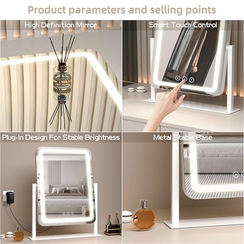 Vanity Mirror with Lights,13.1"¡¿16.7"LED Makeup Mirror,Lighted Makeup Mirror with Lights, Smart Touch Control Dimmable 3 Modes Light, Lighted Up Mirror for Makeup Desk, Bedroom, Dressing Room