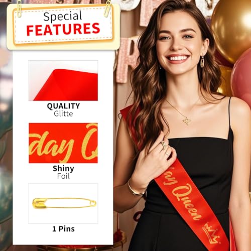 COCIDE Birthday Queen Sash for Women - Variation 004, Glitter Red & Gold