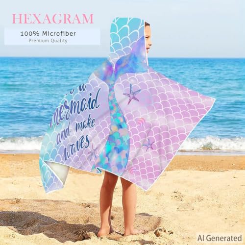 Kids Mermaid Hooded Beach Towel - Quick Dry Microfiber, 30"x50"