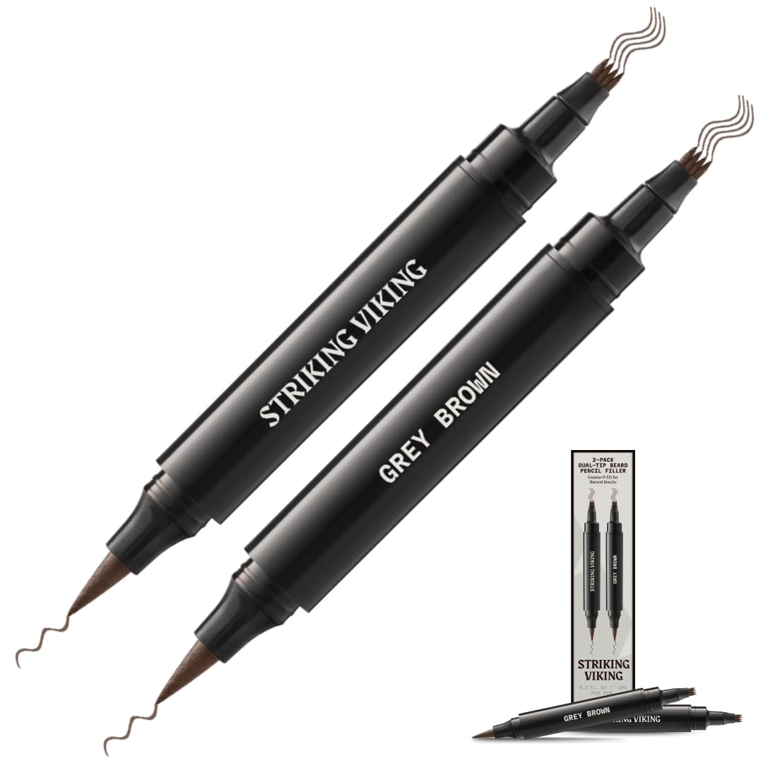 Striking Viking Beard Pencil Filler For Men - Grey Brown, 2 Pens Pack - Temporary Beard Dye - Waterproof Sweatproof Long Wear Beard Filler Pen for Touchups & Gap Contouring - Enhances Facial Hair