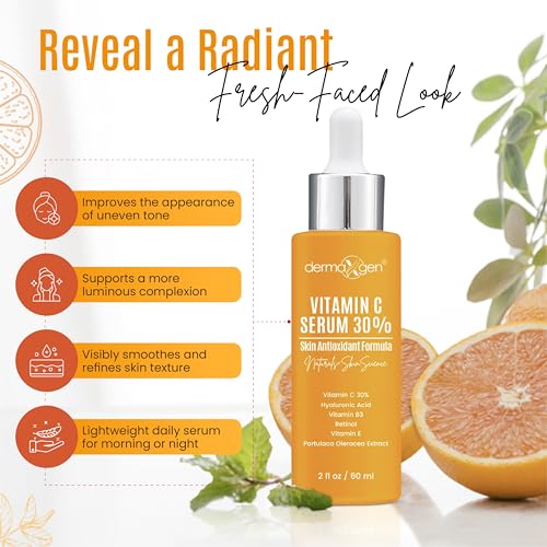 DERMAXGEN 30% Organic Vitamin C Serum for Face – 2 Fl Oz Anti-Aging Moisturizer with Hyaluronic Acid & Vitamin E