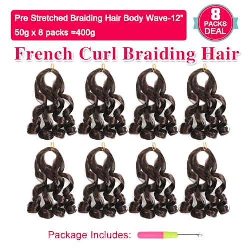 Qimenzer French Curl Braiding Hair Extensions 14 Inch Chocolate Brown - Pre-Stretched, 8 Packs, Variation #4