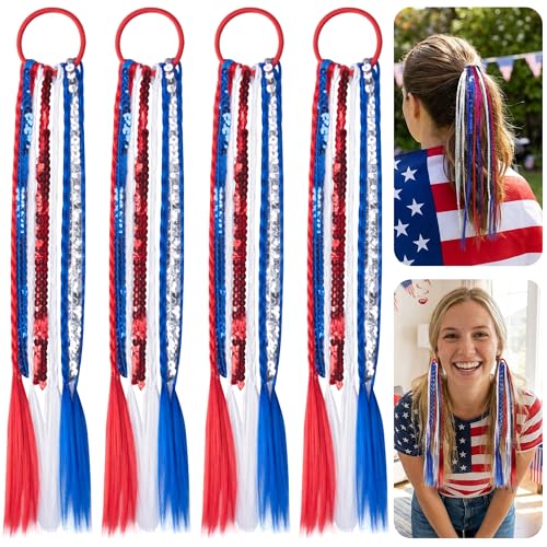 4 Pack Patriotic 4th of July Ponytail Hair Extensions Red White Blue Elastic Hair Ties