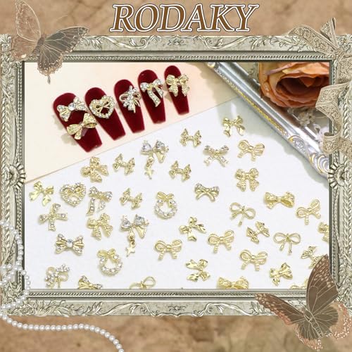 RODAKY 58PCS Gold Crystal Bow Nail Charms for Nail Art & Decor