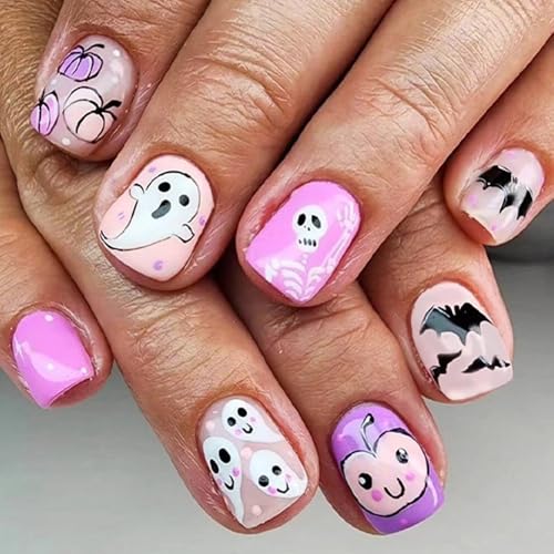 OFDNE Halloween Kit-2 Press on Nails Set - 144 Short Square Fake Nails with 6 Styles & Designs for Women & Girls