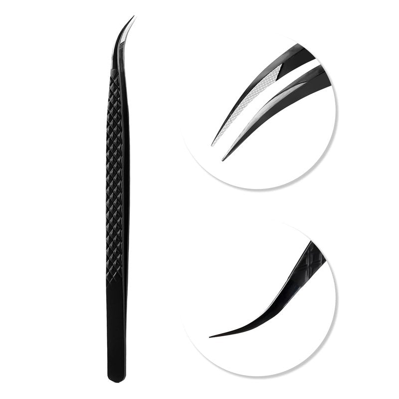 VAVALASH Lash Tweezers for Eyelash Extensions, Fiber Tip Diamond Grip Isolation Tweezers, Professional Precision Black Lash Tweezers for Volume & Classic Lashes