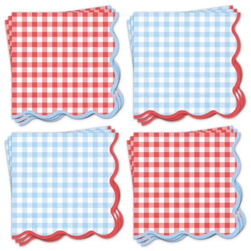 FYSUIMU 50Pcs Scalloped Gingham Cocktail Napkins - Red & Light Blue
