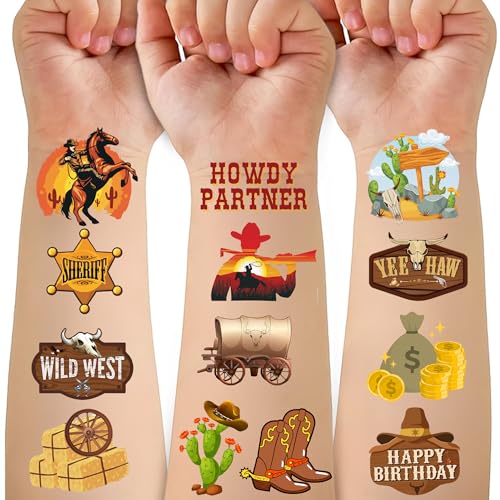 50 PCS Cowboy Temporary Tattoos for Kids Birthday Party Favors