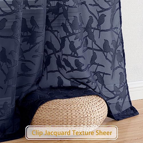 Navy Blue Sheer Curtains 84 Inches - 2 Panel Jacquard Drapes