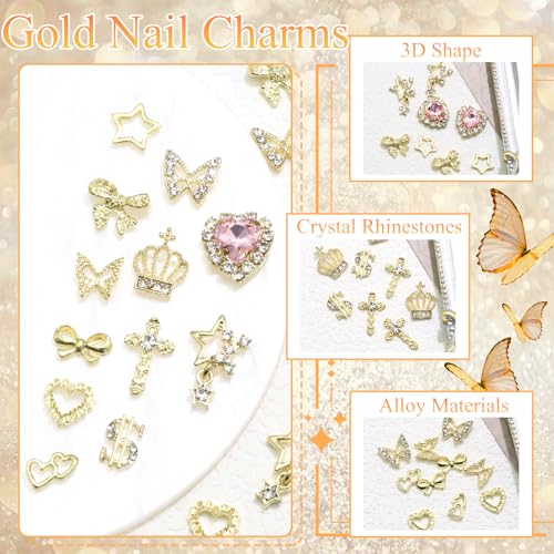 YAEISM Gold Nail Charms 180PCS Set - Cross, Star, Butterfly, Crown & More