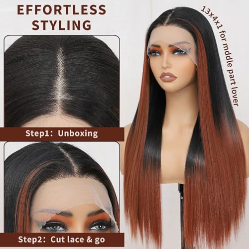 CLIONE 24 Inch Ombre Highlight Straight Lace Front Wig for Black Women - Pre-Plucked Synthetic Hair, Glueless, Beginner-Friendly