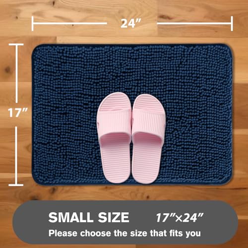 Navy Blue Non-Slip Bath Rug – Absorbent Chenille Mat 17" x 24"