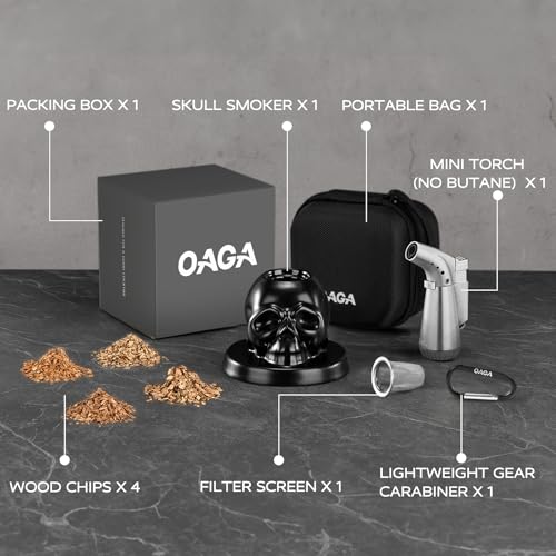 OAGA Skull Whiskey Smoker Kit with Single-Flame Torch – Portable Set