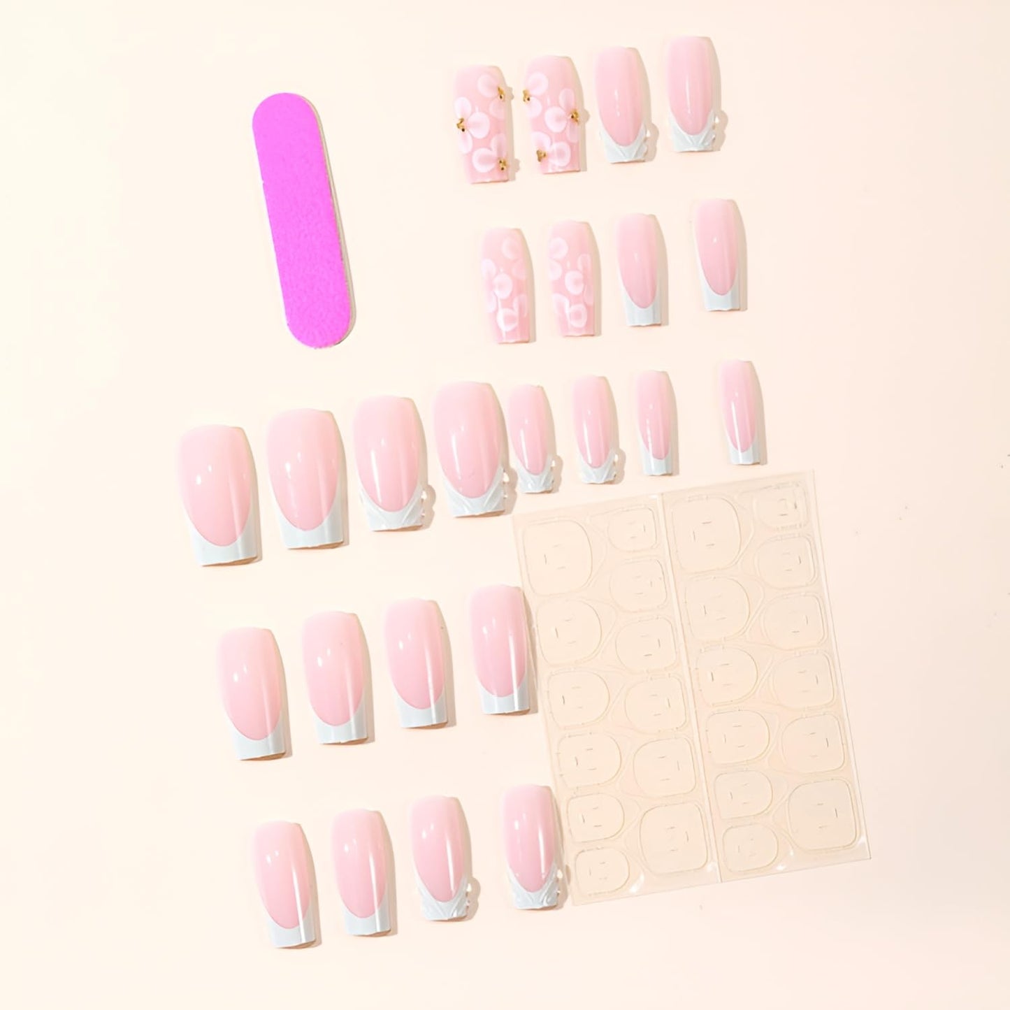 Medium Square Green French Tip Press-On Nails | Glossy Flower Design with Gold Rhinestones - 24 Pcs