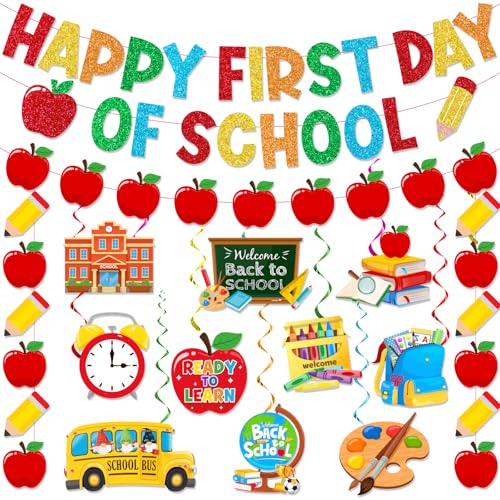 Happy First Day of School Banner Decorations with Glitter Garland