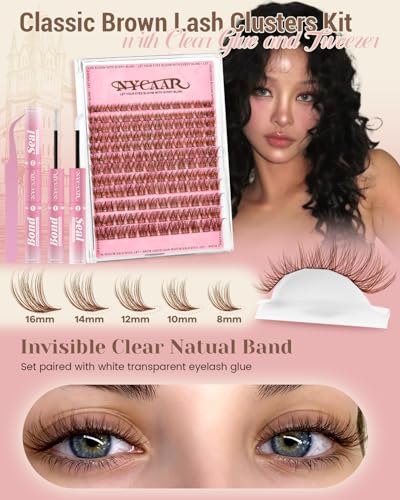 NYCAAR Brown Wispy Lash Clusters Kit with Clear Seal & Glue - Honey Kiss Variation, 8-16mm Natural DIY Eyelash Extension