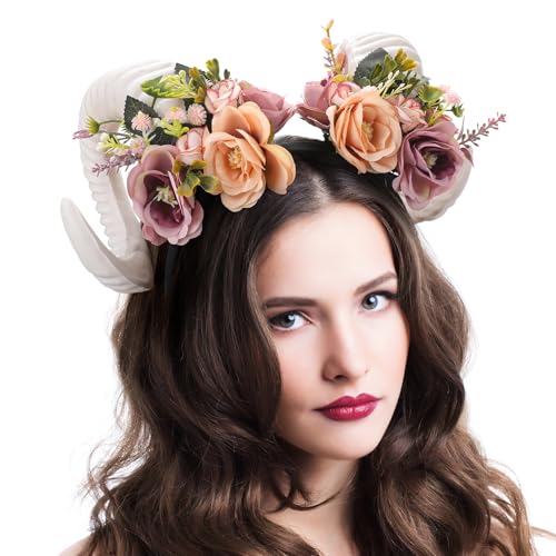 MOSTORY Flower Sheep Horns Headband for Renaissance Halloween Cosplay
