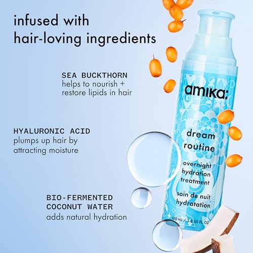 amika dream routine overnight hydrating hair mask | no rinse leave-in treatment for dry hair, ultra-hydrating, with hyaluronic acid for long-lasting moisture