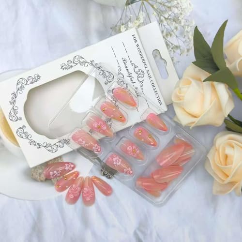 Autumn Flower Press-On Nails with Rhinestones & Gold Line Design - Medium Almond Fake Nails for Manicure, 24Pcs