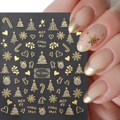 POWPOP Xmas Design2 8 Sheets 3D Gold Nail Stickers – Snowflake, Tree, Candy Cane Christmas Nail Art